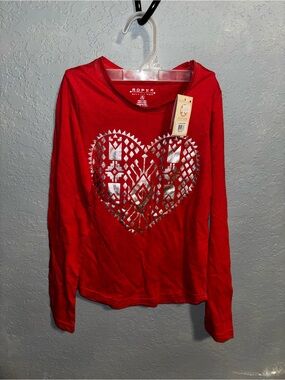 Roper Red Long-Sleeve Tee with Metallic Black Heart Motif